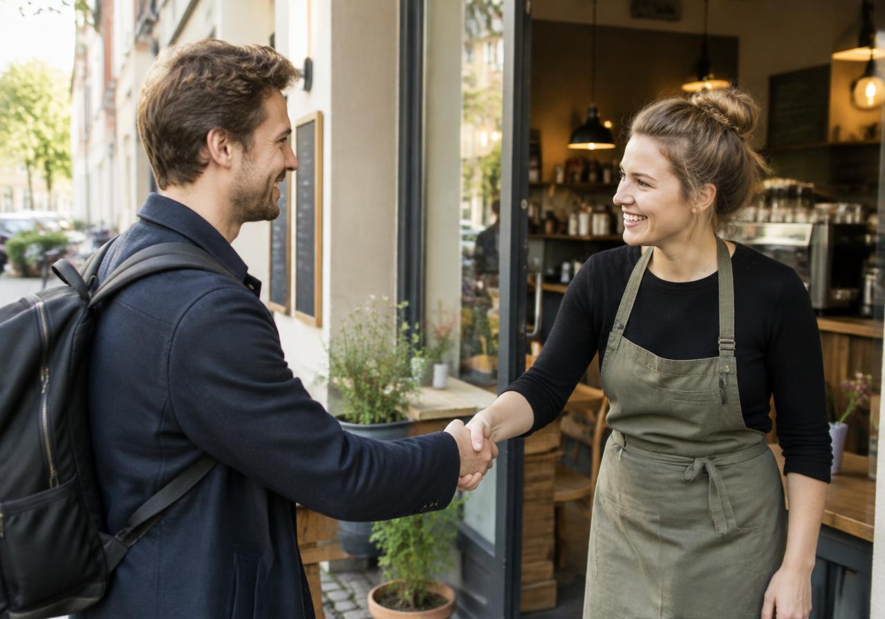 Ein Mann mit Rucksack und eine Frau mit Schürze geben sich vor einem Café die Hand.
