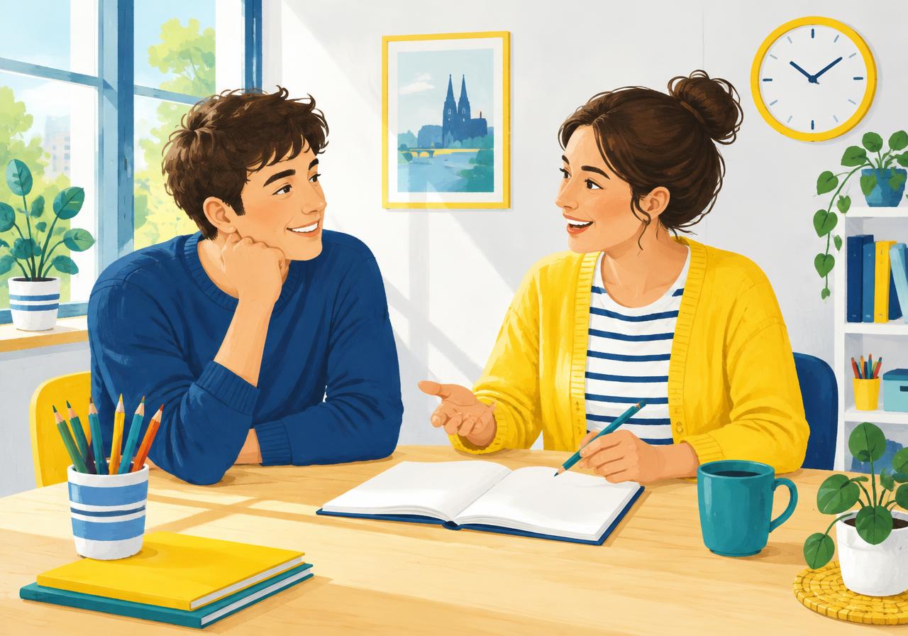 Illustration: Zwei Personen lernen zusammen an einem Tisch mit Heft und Stiften.