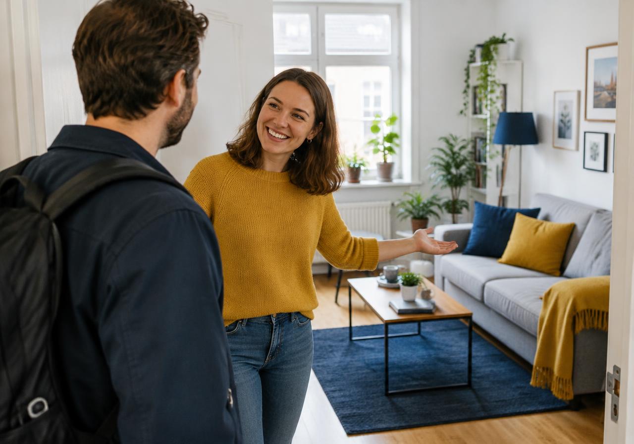 Eine Frau begrüßt einen Besucher in ihrer hellen Wohnung mit Sofa.